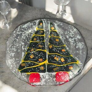 Hand Made Fused Art Glass Dish Plate Platter Christmas Tree Iridescent Glass VTG